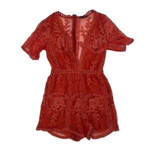 FASHION NOVA Rust Orange Set My Eyes On You Lace Romper Size XS Women’s
